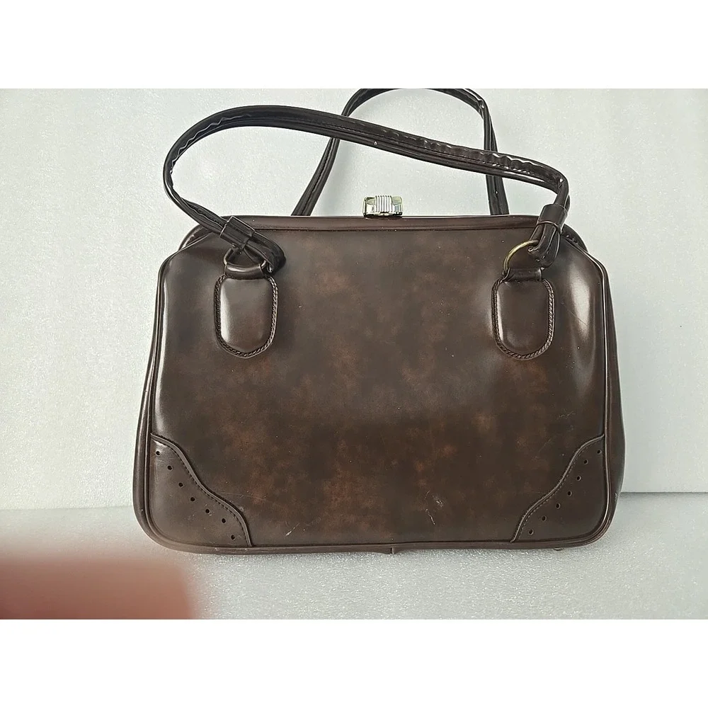 Vintage Brown Vinyl Handbag‎ Purse - Top Handle - Snap Closure